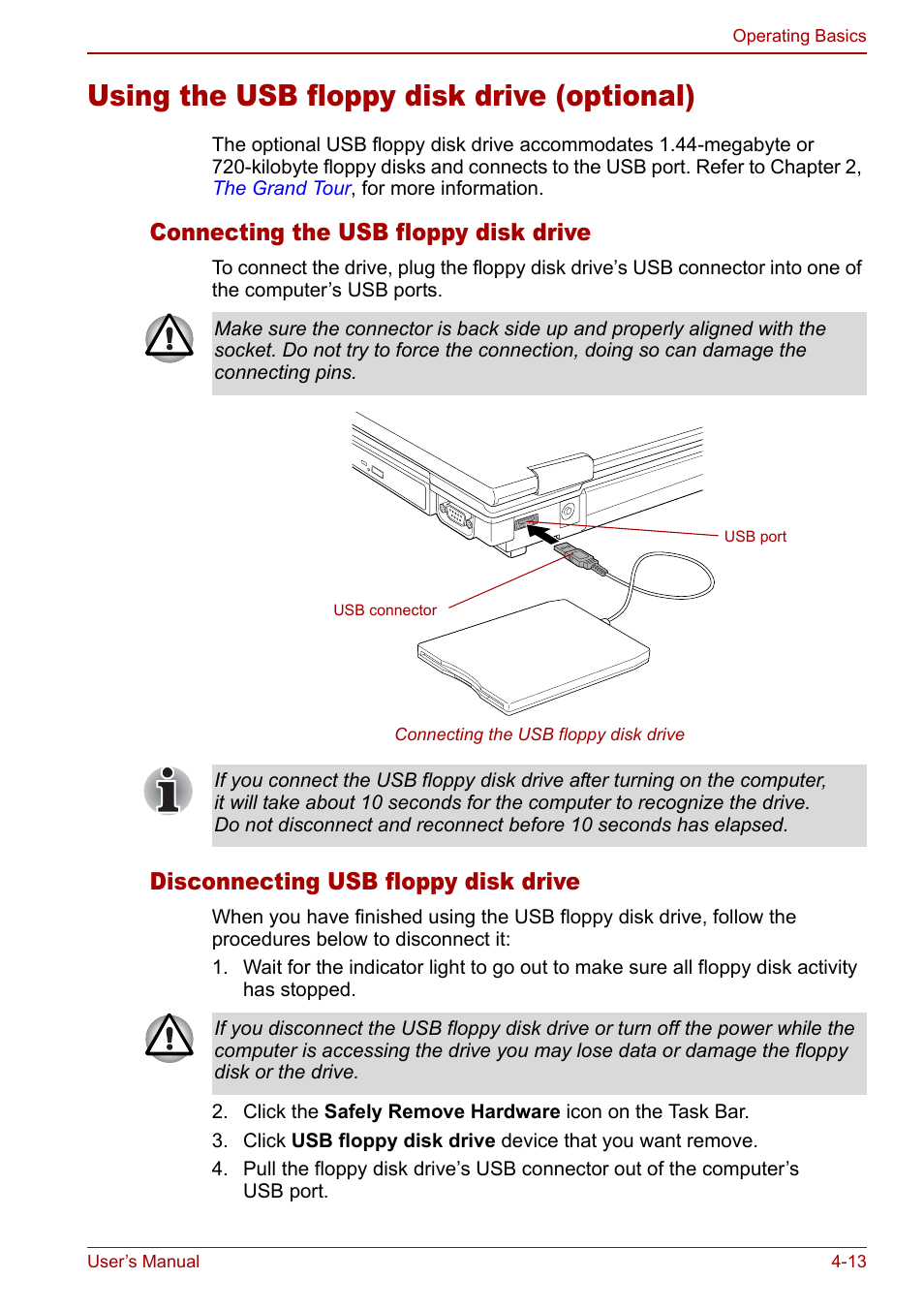 Using the usb floppy disk drive (optional), Using the usb floppy disk drive (optional) -13, Connecting the usb floppy disk drive | Disconnecting usb floppy disk drive | Toshiba Tecra S3 User Manual | Page 81 / 250