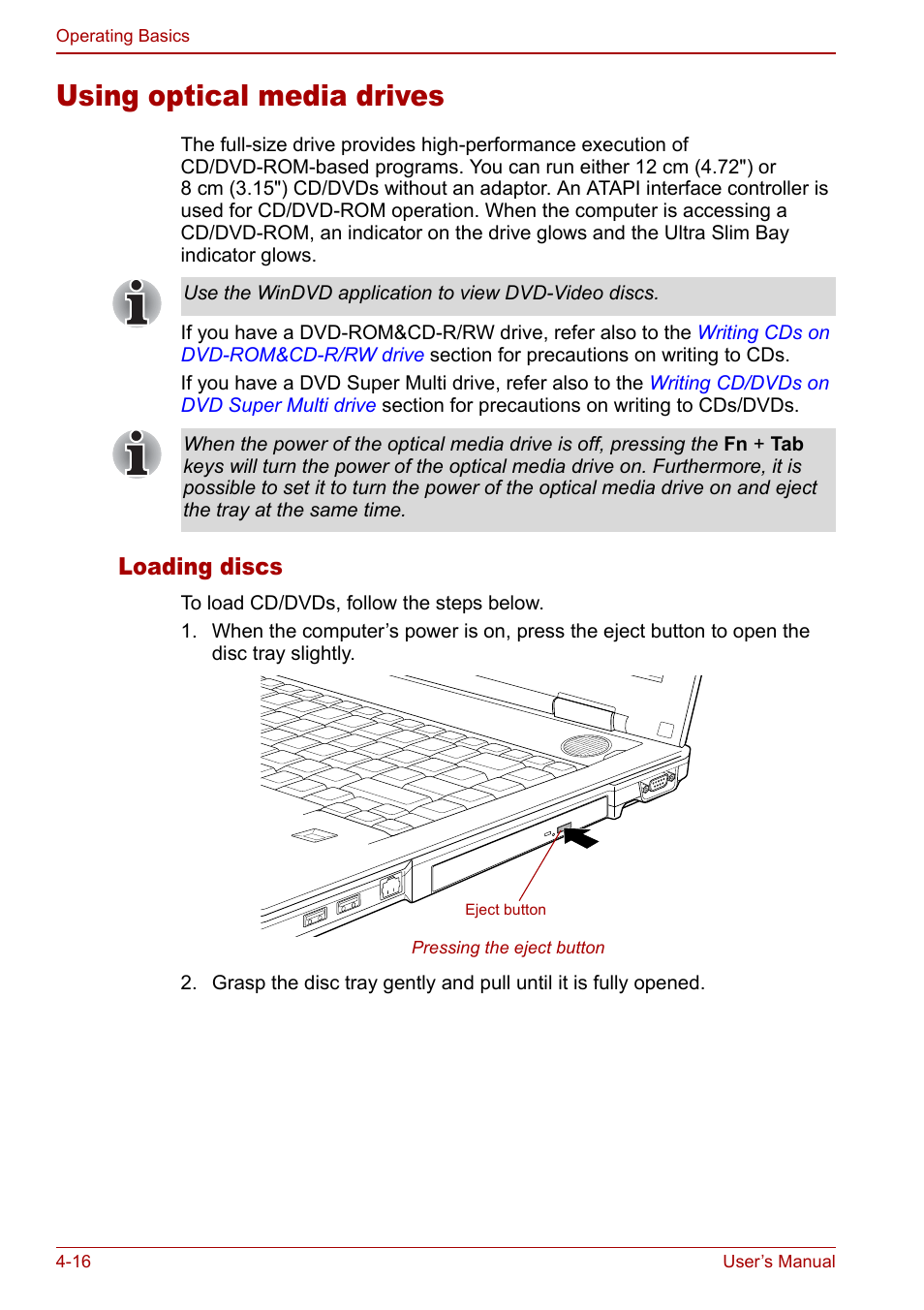 Using optical media drives, Using optical media drives -16, Using optical | Media drives, Section in chapter, Loading discs | Toshiba Tecra S3 User Manual | Page 84 / 250