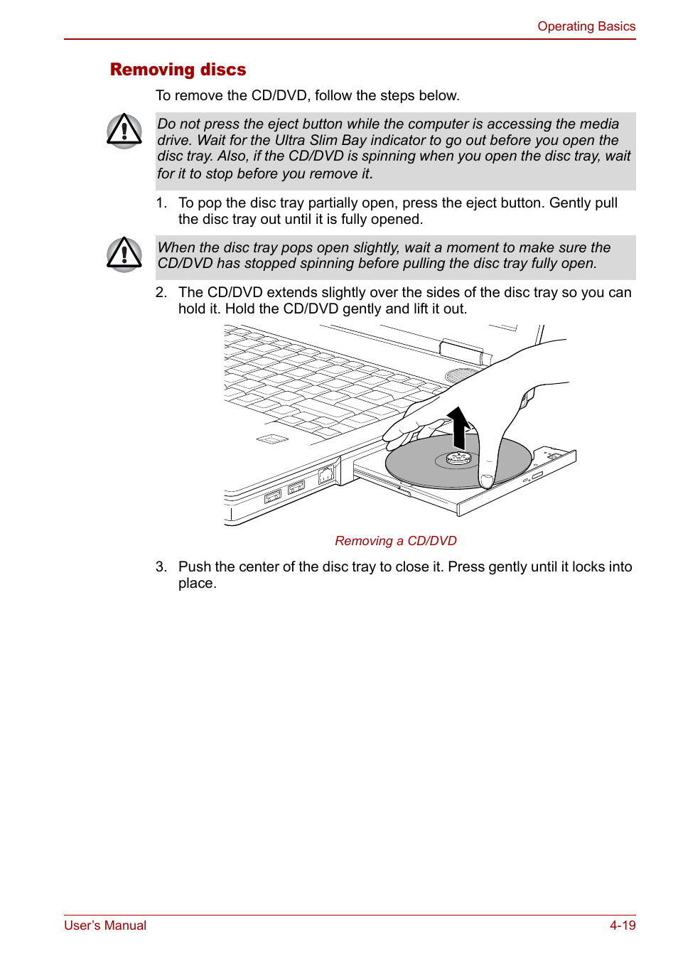 Removing discs | Toshiba Tecra S3 User Manual | Page 87 / 250