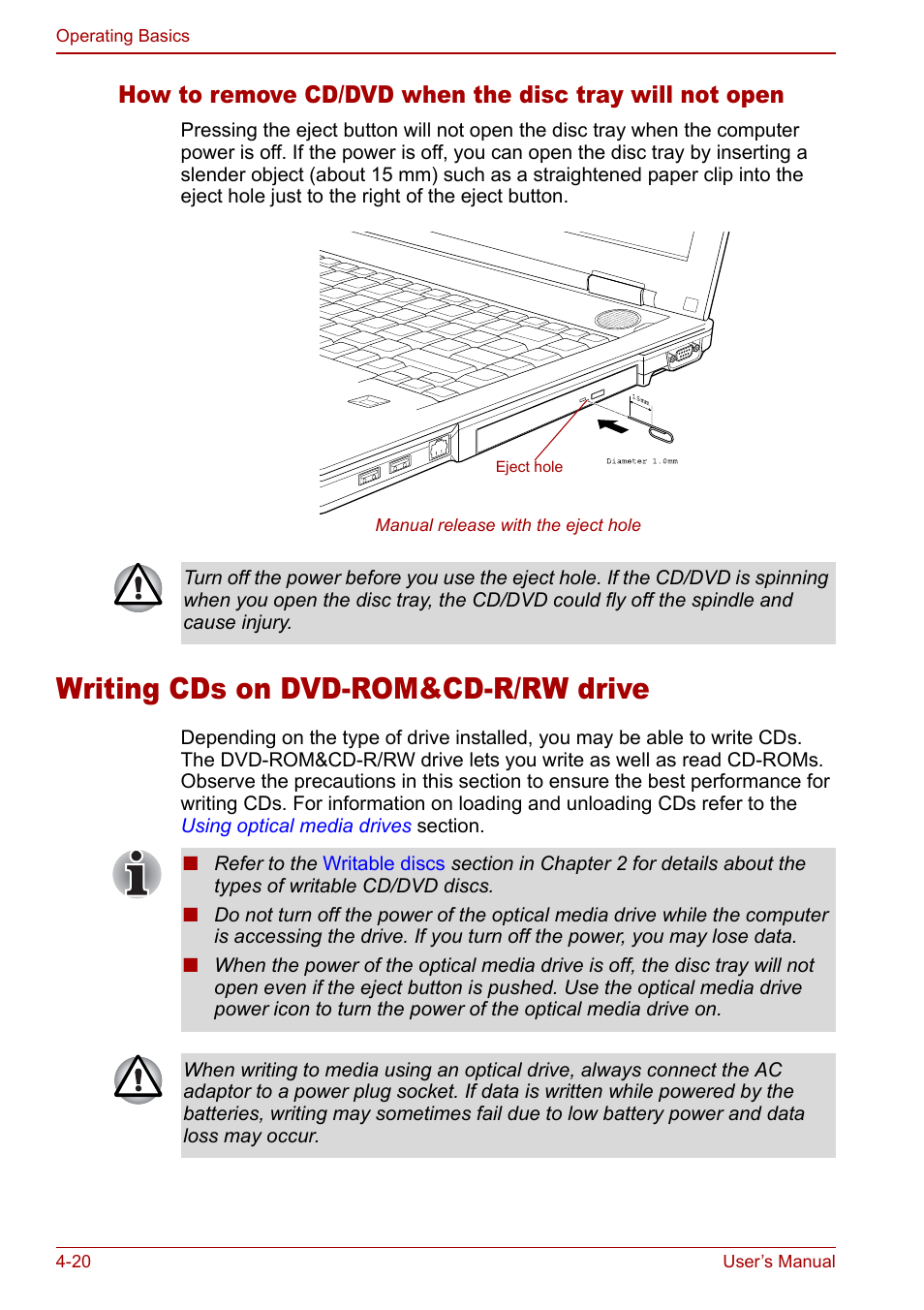 Writing cds on dvd-rom&cd-r/rw drive, Writing cds on dvd-rom&cd-r/rw drive -20, Writing cds on | Dvd-rom&cd-r/rw drive | Toshiba Tecra S3 User Manual | Page 88 / 250