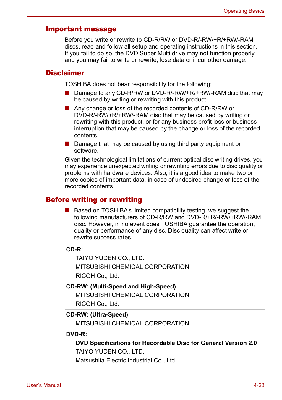 Important message, Disclaimer, Before writing or rewriting | Toshiba Tecra S3 User Manual | Page 91 / 250
