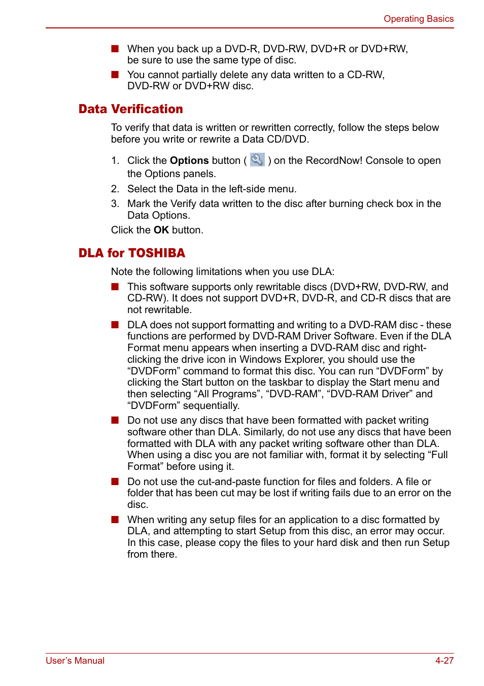 Data verification, Dla for toshiba | Toshiba Tecra S3 User Manual | Page 95 / 250