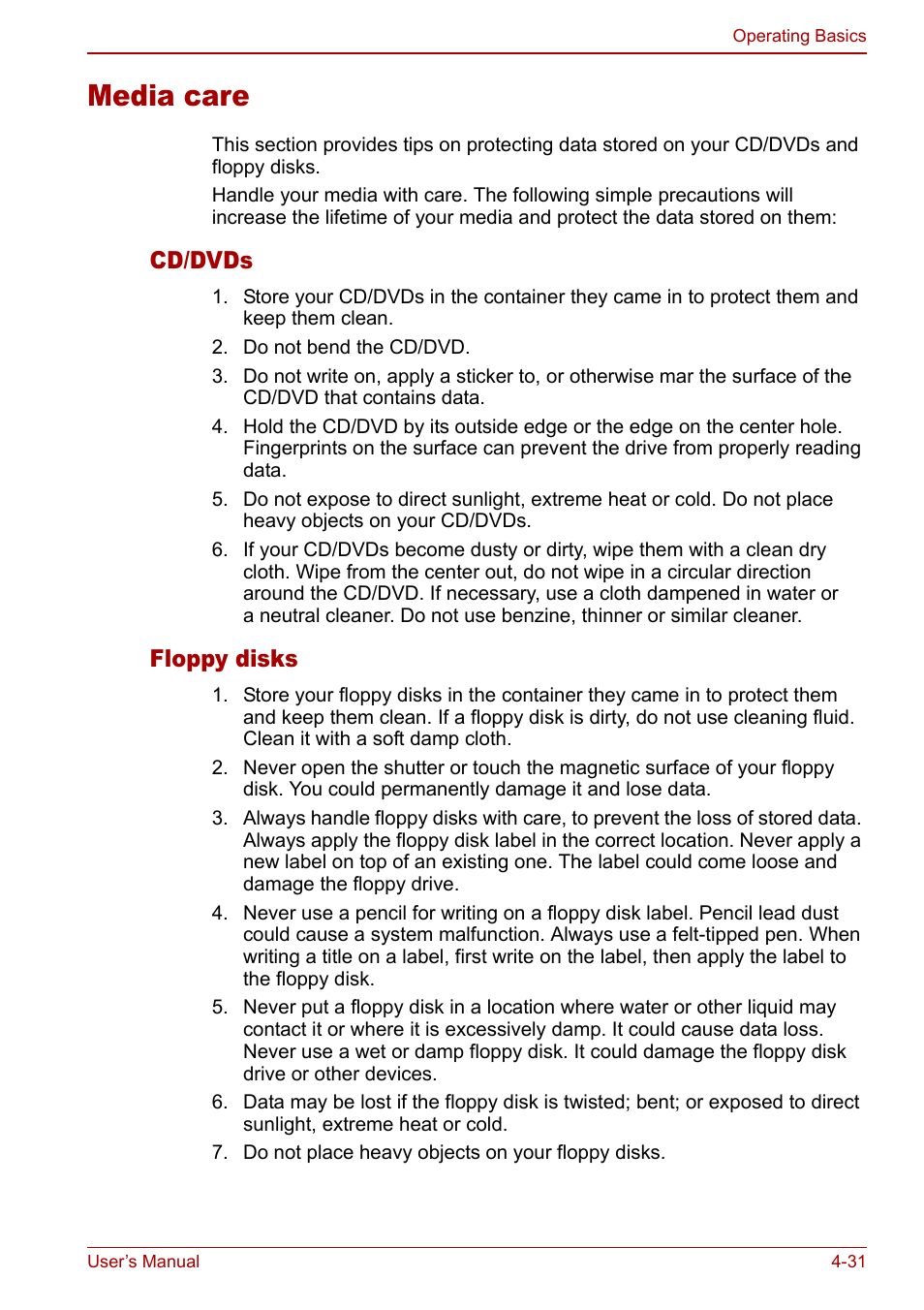 Media care, Media care -31, Cd/dvds | Floppy disks | Toshiba Tecra S3 User Manual | Page 99 / 250