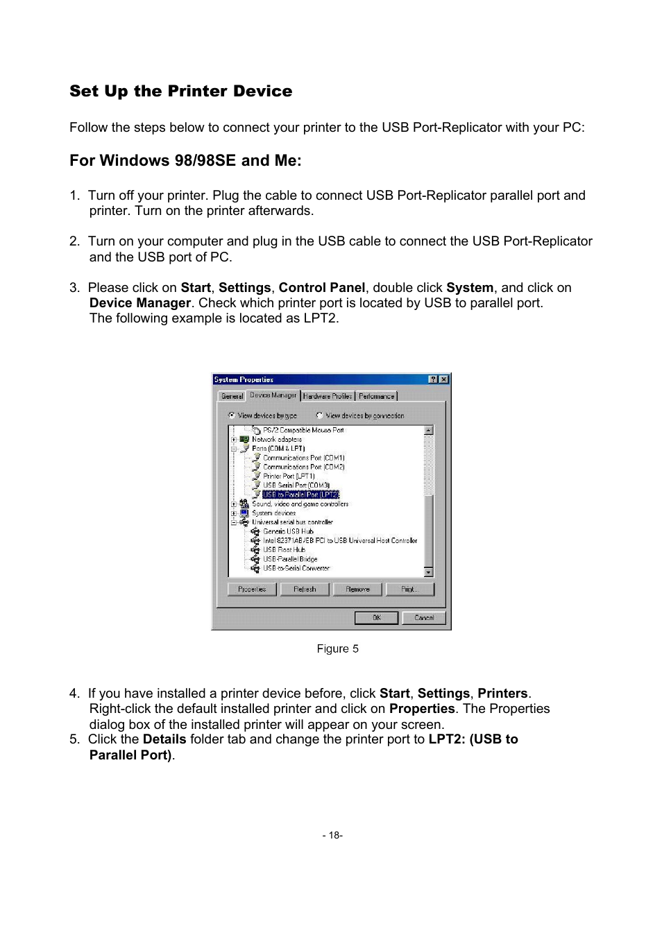 Set up the printer device, For windows 98/98se and me | Toshiba USB Port Replicator II User Manual | Page 18 / 25