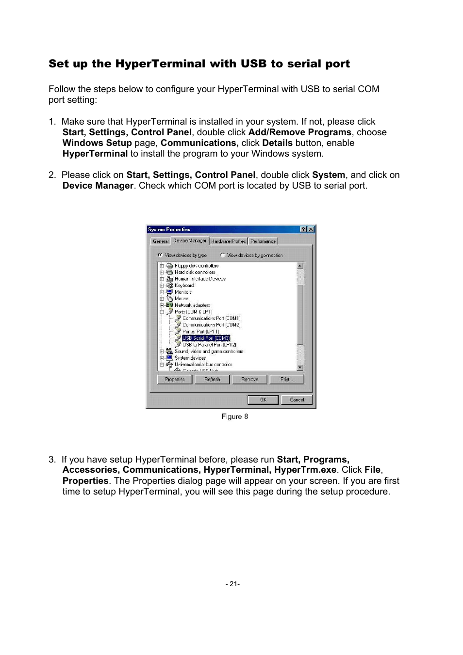 Set up the hyperterminal with usb to serial port | Toshiba USB Port Replicator II User Manual | Page 21 / 25