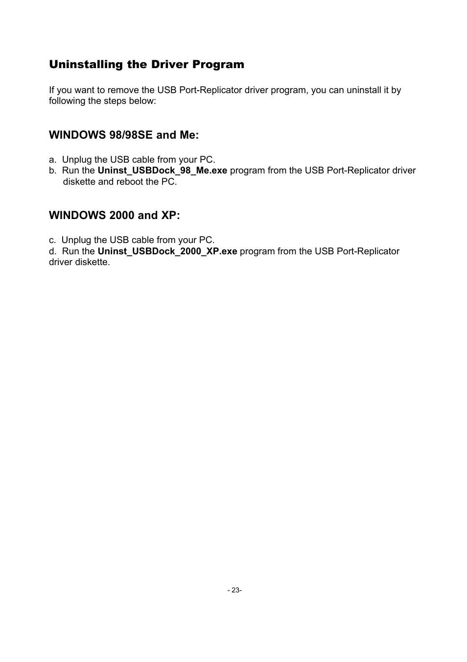 Uninstalling the driver program, Windows 98/98se and me, Windows 2000 and xp | Toshiba USB Port Replicator II User Manual | Page 23 / 25