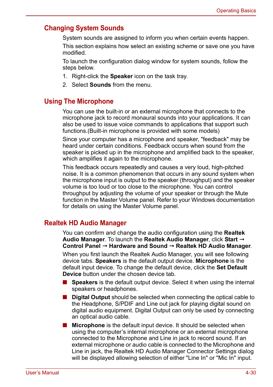 Changing system sounds, Using the microphone, Realtek hd audio manager | Toshiba Satellite L675D User Manual | Page 110 / 199