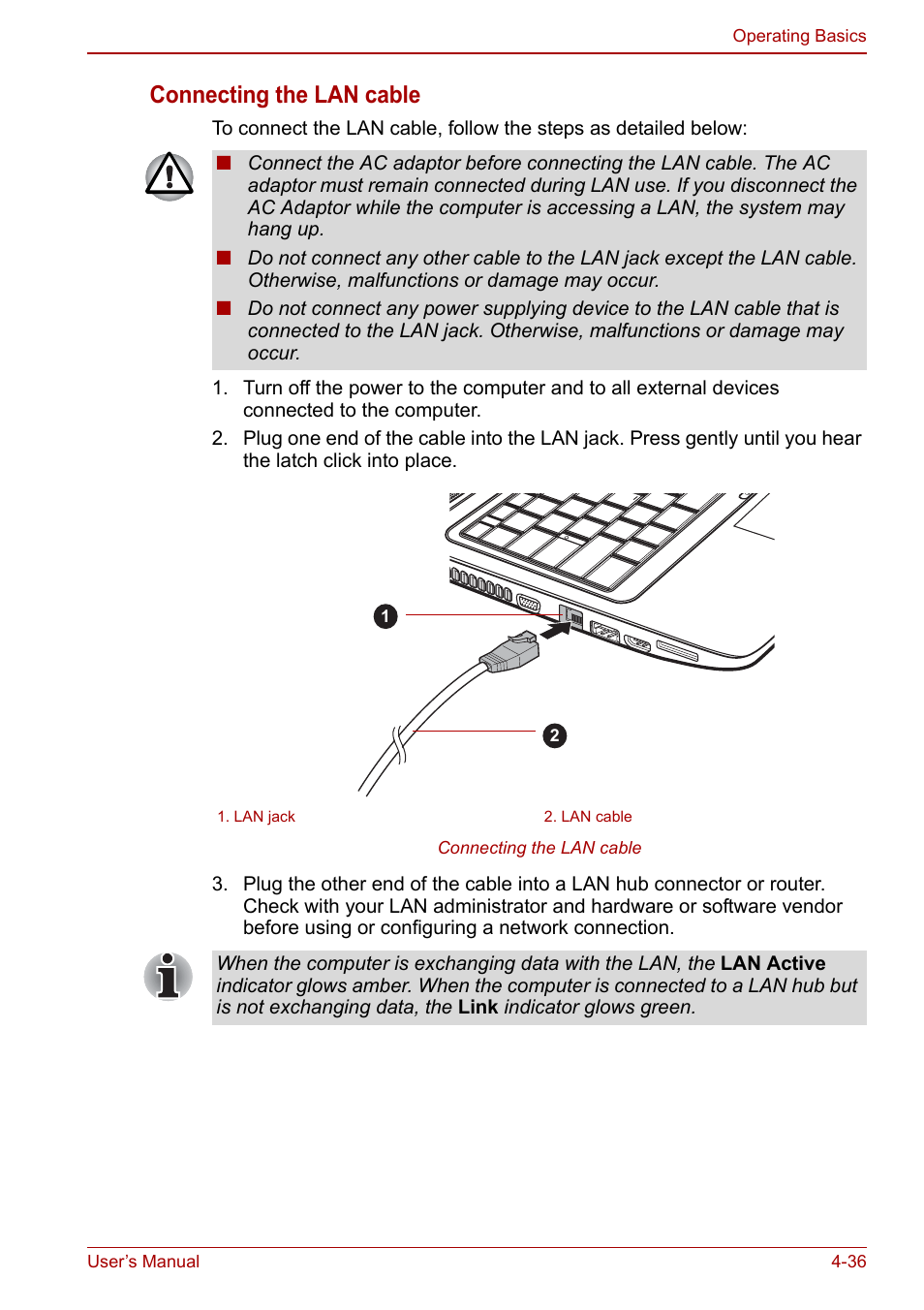 Connecting the lan cable | Toshiba Satellite L675D User Manual | Page 116 / 199