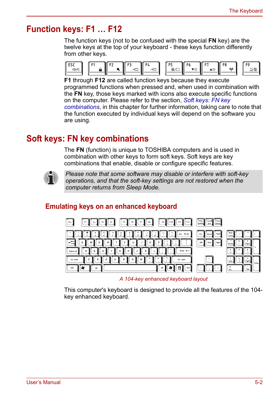 Function keys: f1 … f12, Soft keys: fn key combinations | Toshiba Satellite L675D User Manual | Page 120 / 199