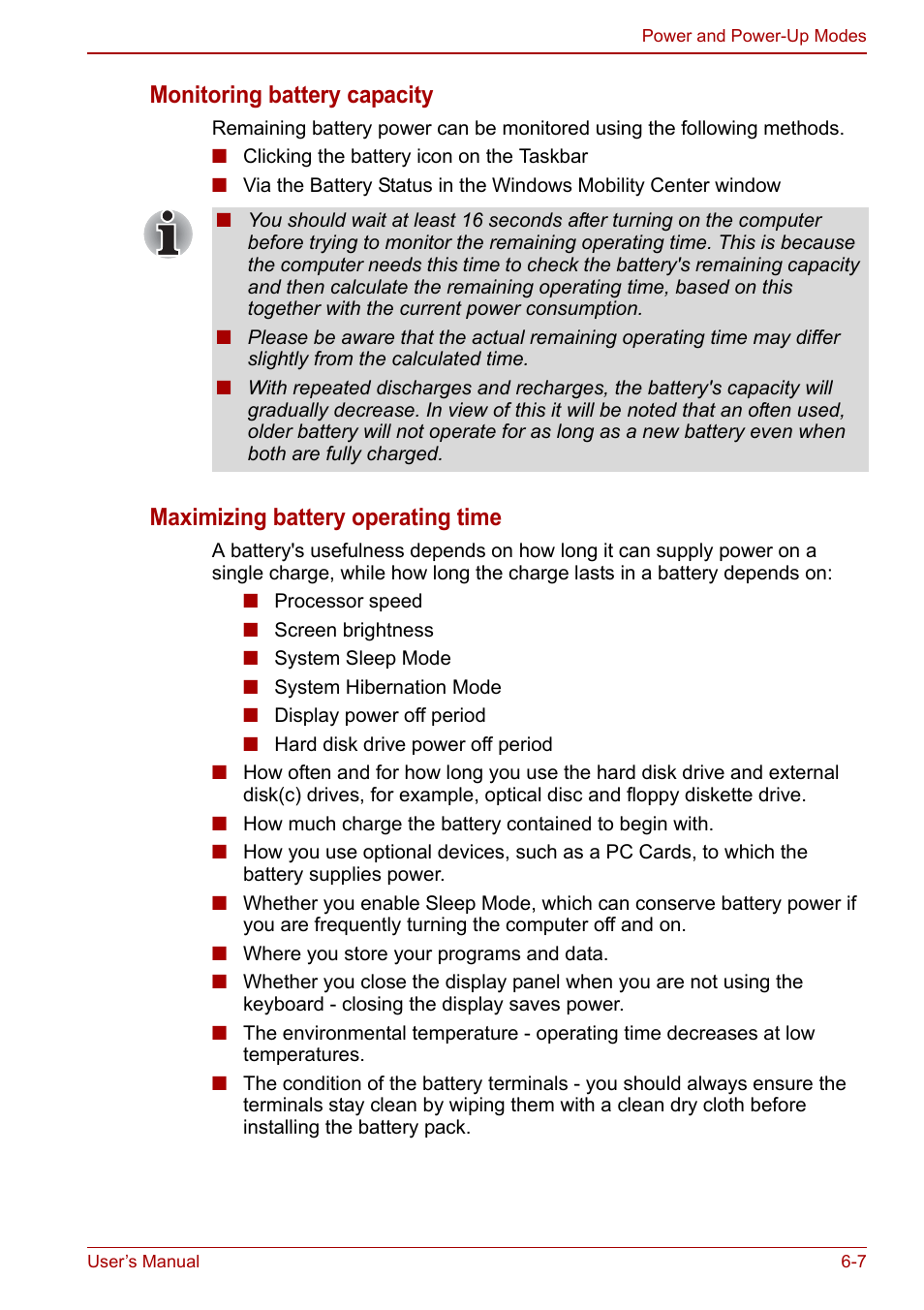 Monitoring battery capacity, Maximizing battery operating time | Toshiba Satellite L675D User Manual | Page 130 / 199