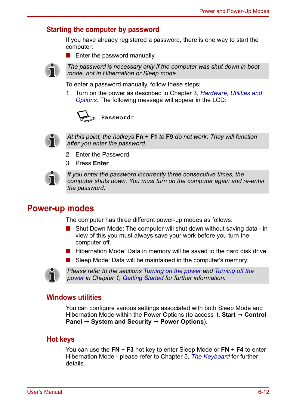 Power-up modes, Power-up modes -12, Starting the computer by password | Windows utilities, Hot keys | Toshiba Satellite L675D User Manual | Page 135 / 199