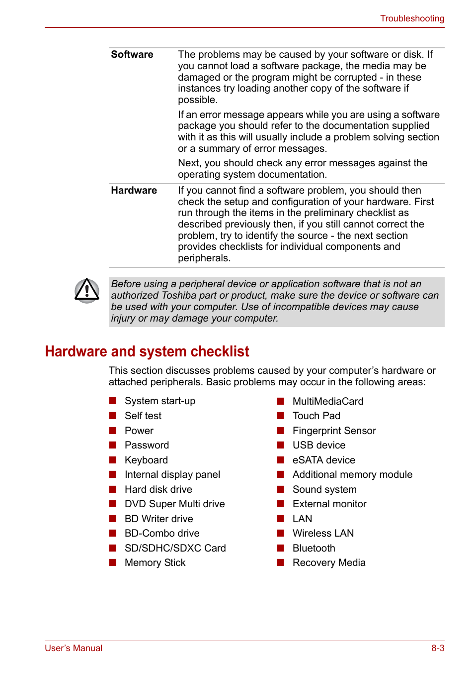 Hardware and system checklist, Hardware and system checklist -3 | Toshiba Satellite L675D User Manual | Page 144 / 199