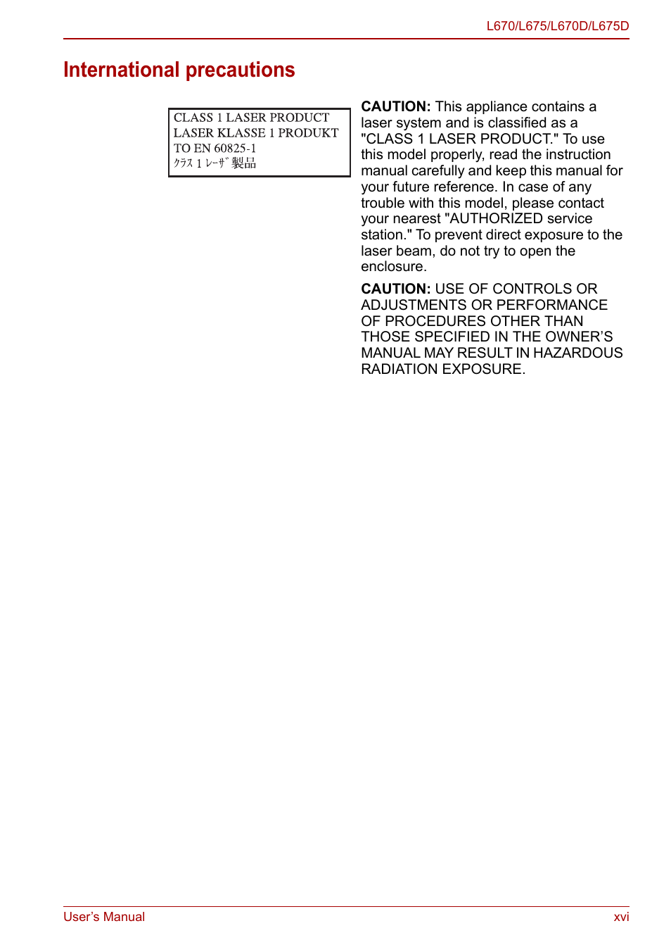 International precautions | Toshiba Satellite L675D User Manual | Page 15 / 199