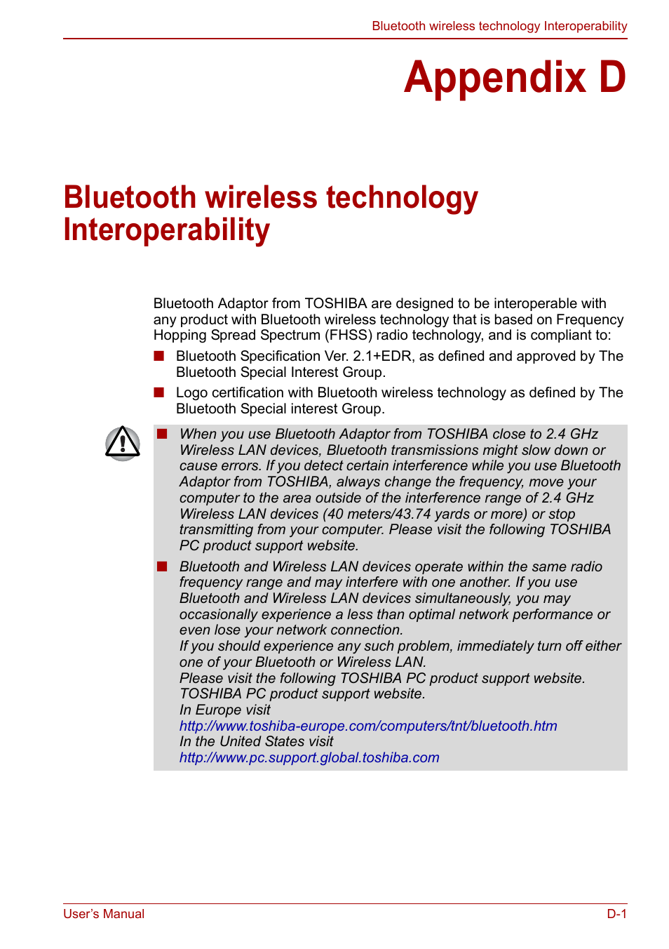 Appendix d, Bluetooth wireless technology interoperability | Toshiba Satellite L675D User Manual | Page 167 / 199