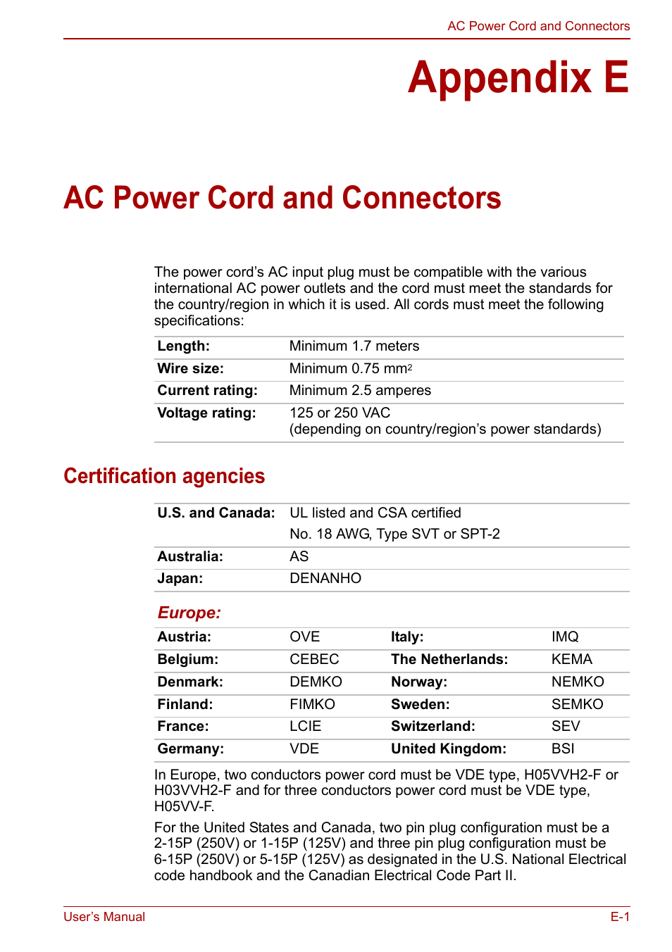 Appendix e: ac power cord and connectors, Appendix e, Ac power cord and connectors | Certification agencies | Toshiba Satellite L675D User Manual | Page 172 / 199