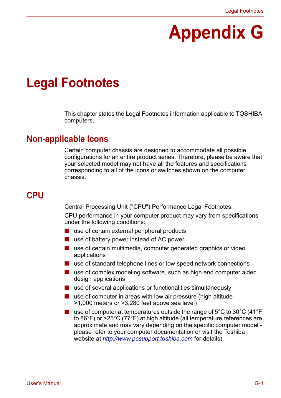Appendix g: legal footnotes, Appendix g, Legal footnotes | Non-applicable icons | Toshiba Satellite L675D User Manual | Page 176 / 199