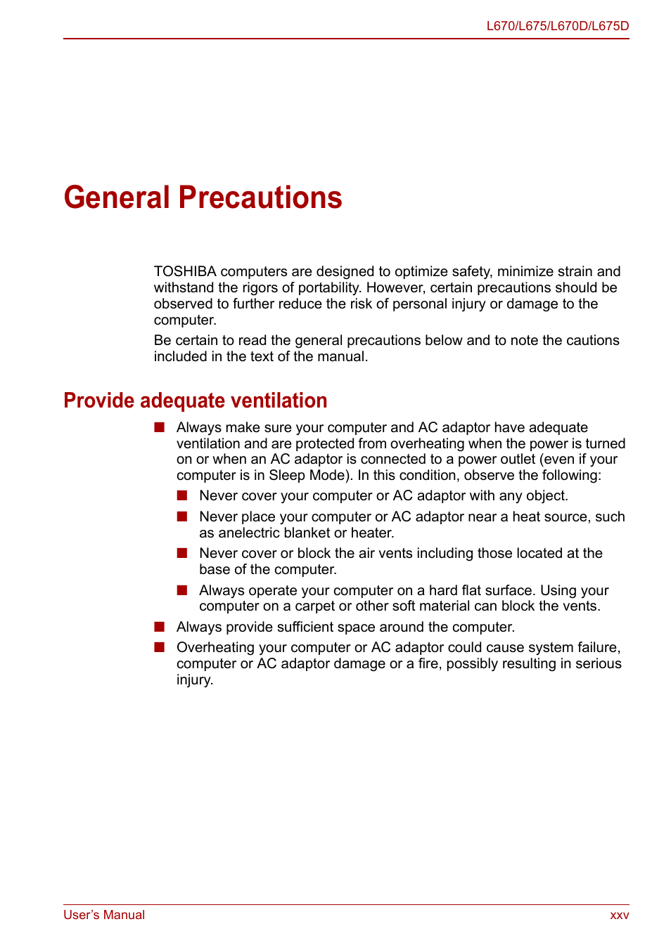General precautions, Provide adequate ventilation | Toshiba Satellite L675D User Manual | Page 19 / 199