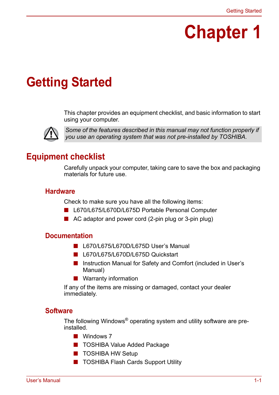 Chapter 1: getting started, Equipment checklist, Chapter 1 | Getting started, Equipment checklist -1 | Toshiba Satellite L675D User Manual | Page 22 / 199