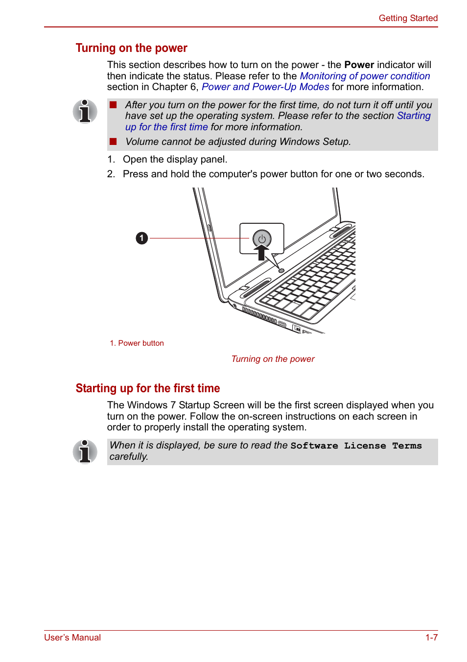 Turning on the power, Starting up for the first time | Toshiba Satellite L675D User Manual | Page 28 / 199