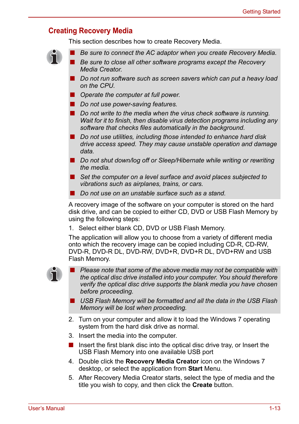 Creating recovery media | Toshiba Satellite L675D User Manual | Page 34 / 199
