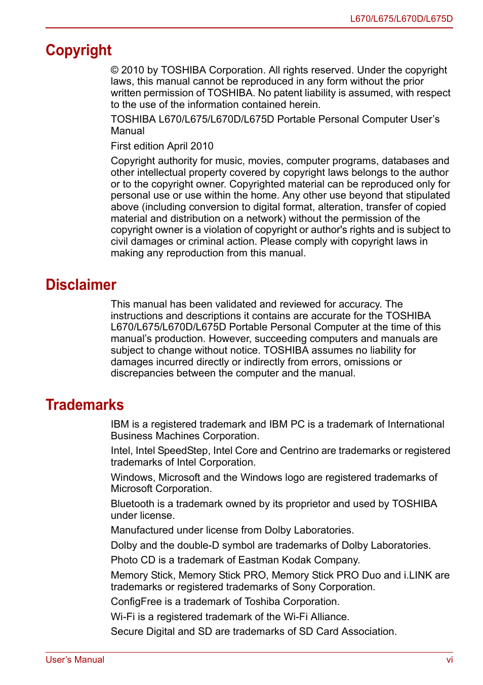 Copyright, Disclaimer, Trademarks | Toshiba Satellite L675D User Manual | Page 5 / 199
