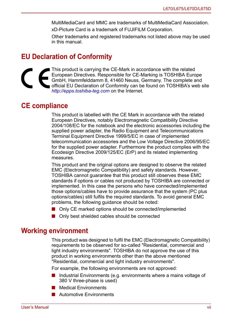 Eu declaration of conformity, Ce compliance, Working environment | Toshiba Satellite L675D User Manual | Page 6 / 199