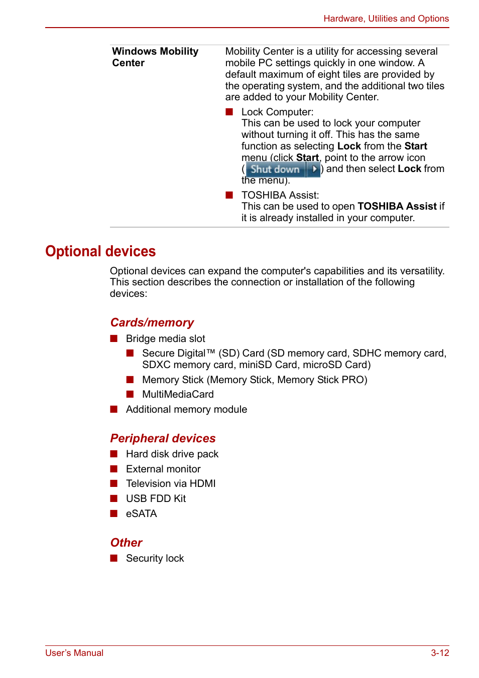Optional devices, Optional devices -12, Section in chapter | Toshiba Satellite L675D User Manual | Page 63 / 199