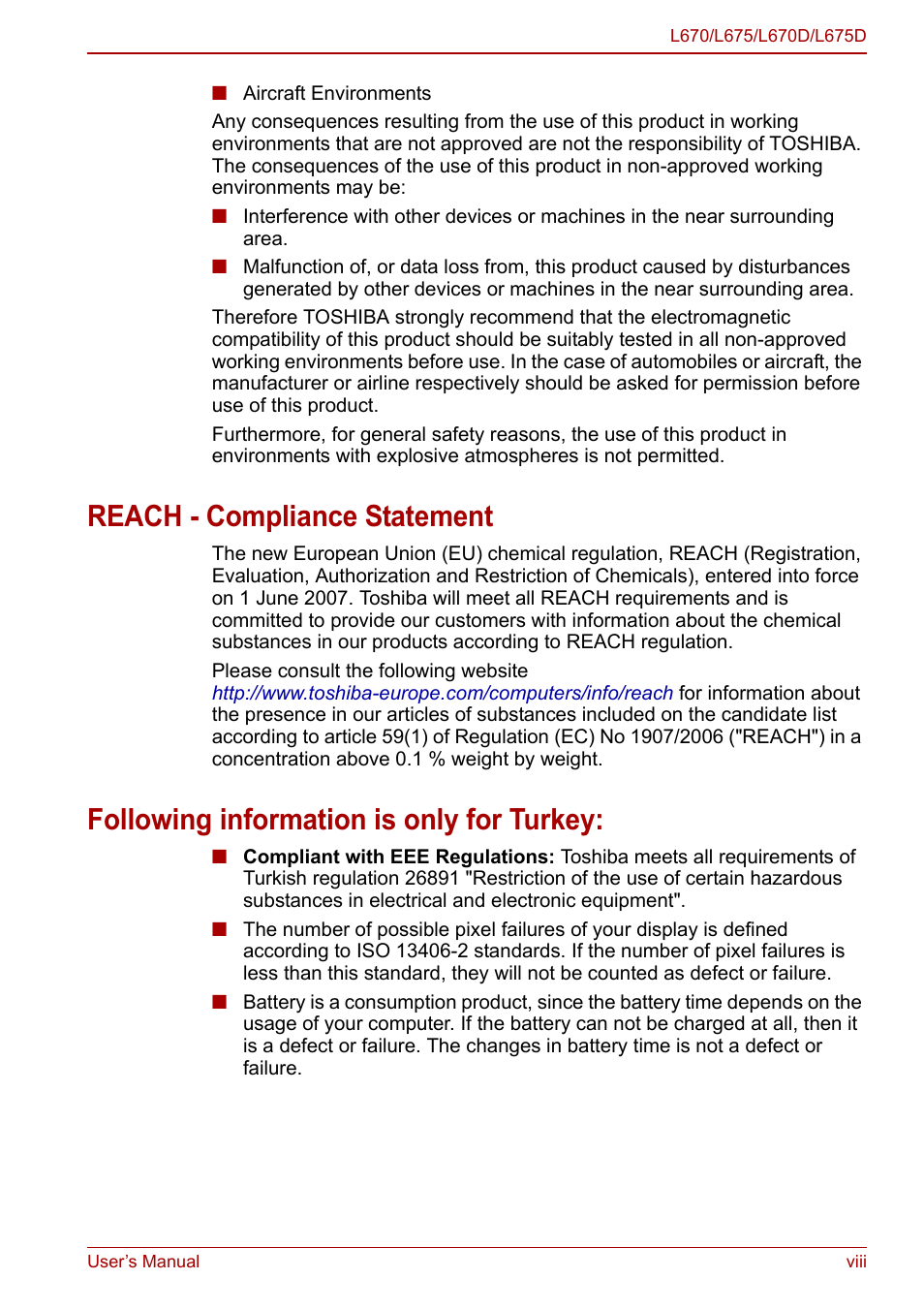 Reach - compliance statement, Following information is only for turkey | Toshiba Satellite L675D User Manual | Page 7 / 199