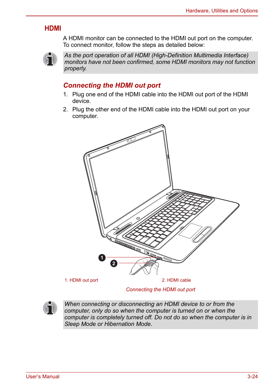 Hdmi, Connecting the hdmi out port | Toshiba Satellite L675D User Manual | Page 75 / 199