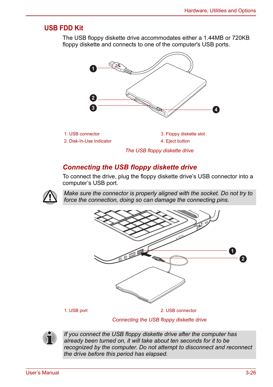 Usb fdd kit, Connecting the usb floppy diskette drive | Toshiba Satellite L675D User Manual | Page 77 / 199