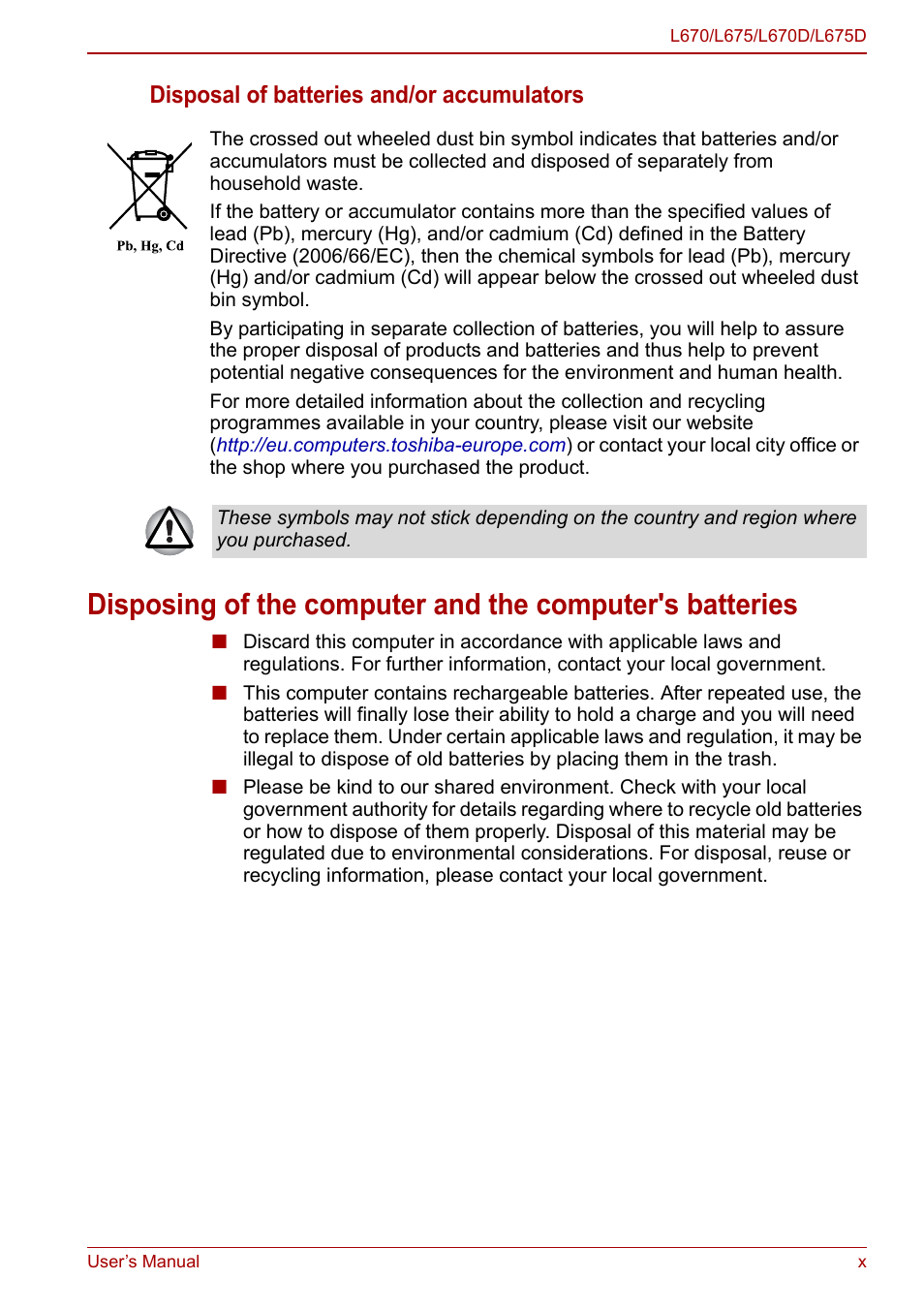 Disposal of batteries and/or accumulators | Toshiba Satellite L675D User Manual | Page 9 / 199