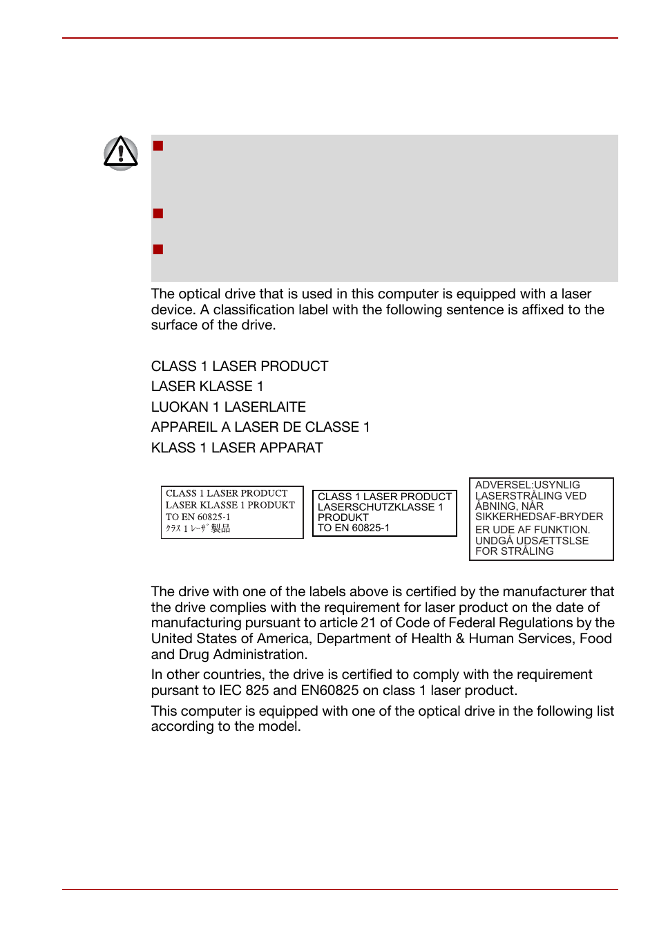 Optical disc drive safety instructions | Toshiba Satellite Pro S200 User Manual | Page 5 / 224