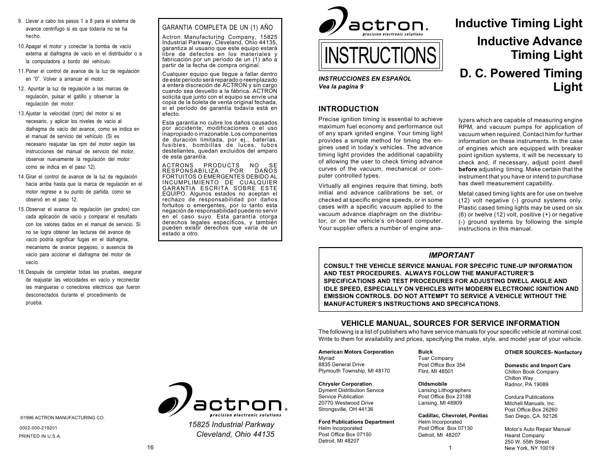 Actron Inductive Timing Light User Manual | 8 pages