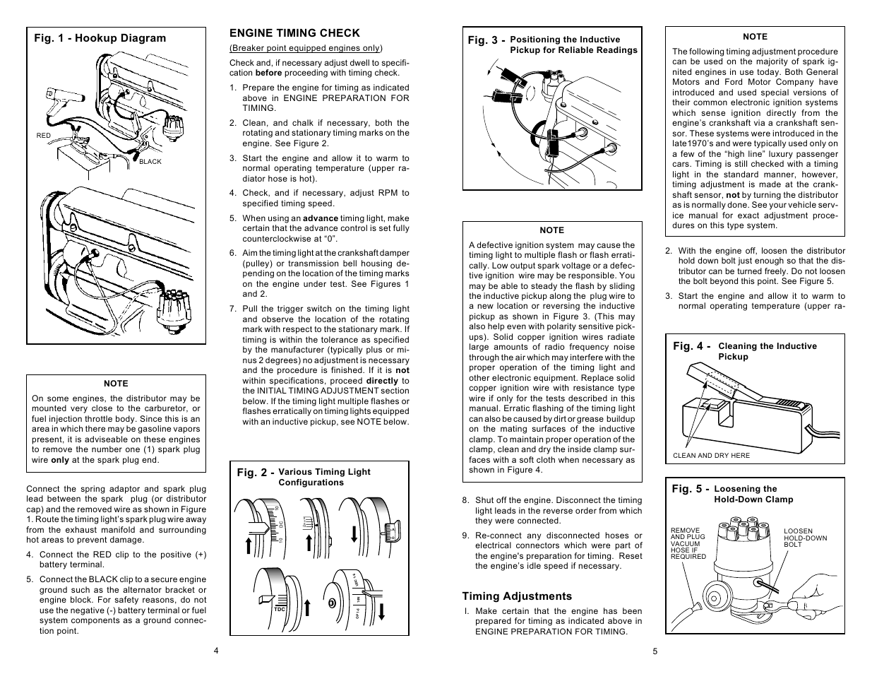 Fig. 1 - hookup diagram, Engine timing check, Fig. 2 | Timing adjustments, Fig. 3, Fig. 4, Fig. 5 | Actron Inductive Timing Light User Manual | Page 3 / 8