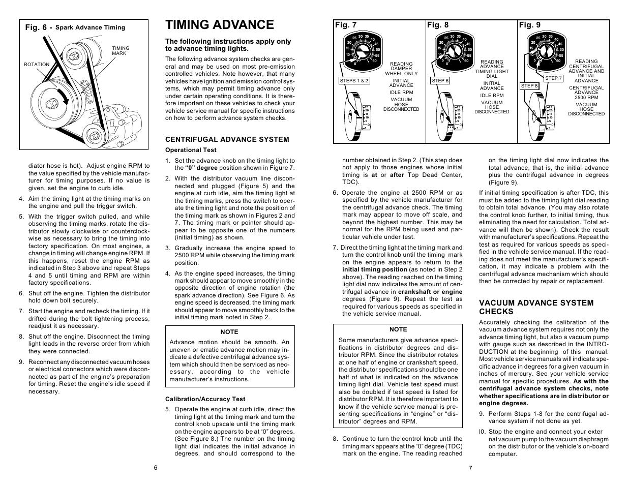 Timing advance, Fig. 6, Fig. 8 fig. 7 fig. 9 | Vacuum advance system checks | Actron Inductive Timing Light User Manual | Page 4 / 8