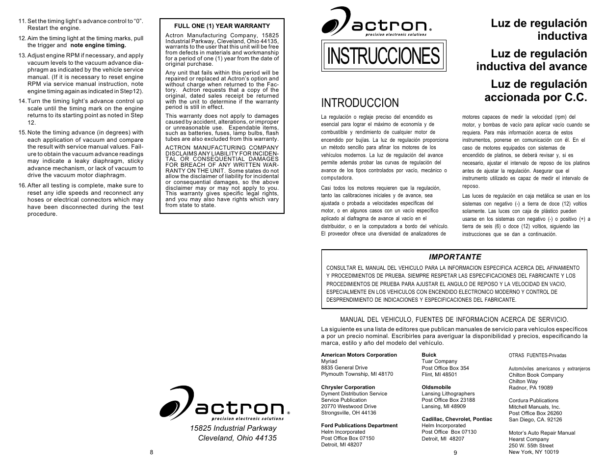 Instrucciones, Introduccion | Actron Inductive Timing Light User Manual | Page 5 / 8