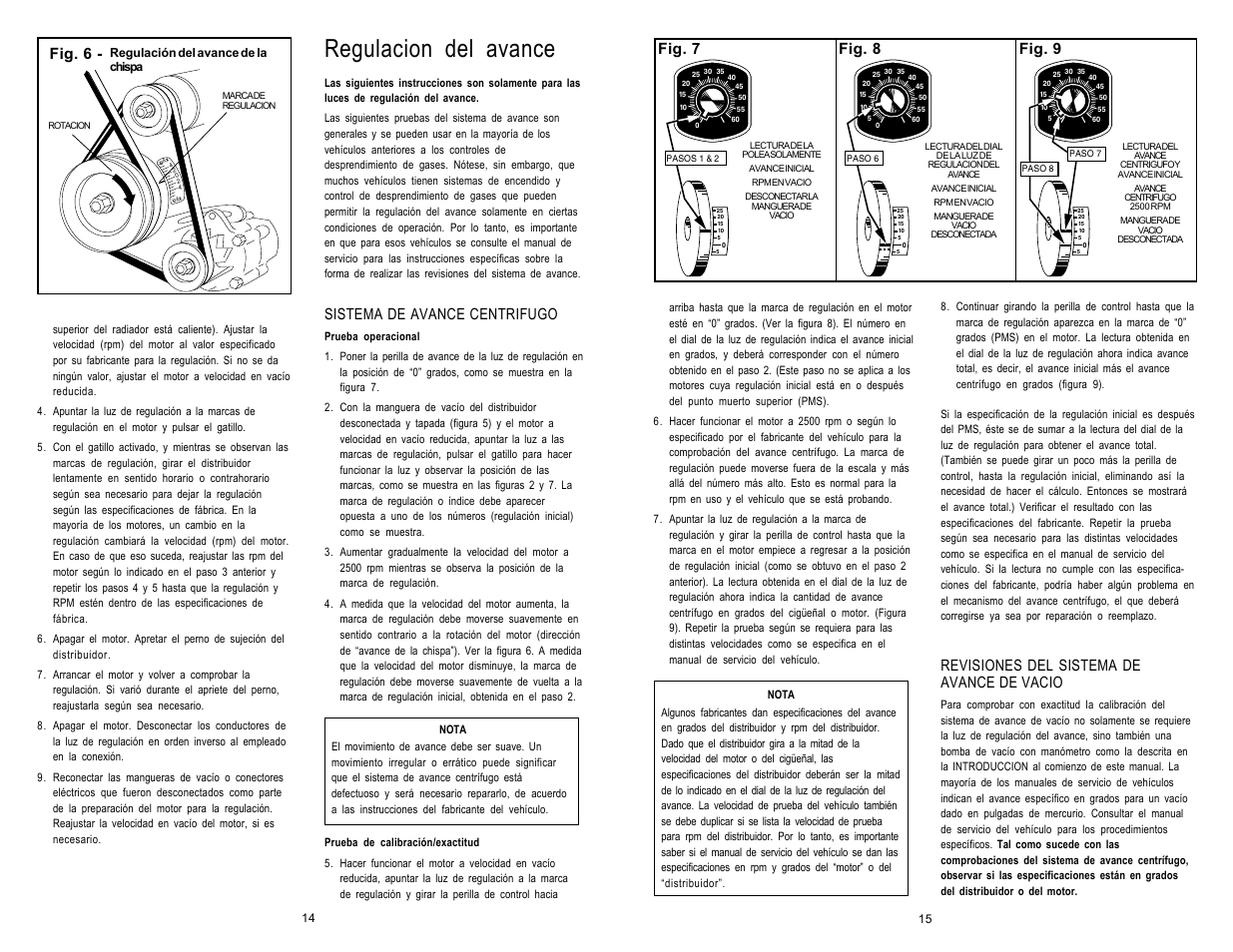 Regulacion del avance, Fig. 6 - fig. 8 fig. 7 fig. 9, Sistema de avance centrifugo | Revisiones del sistema de avance de vacio | Actron Inductive Timing Light User Manual | Page 8 / 8