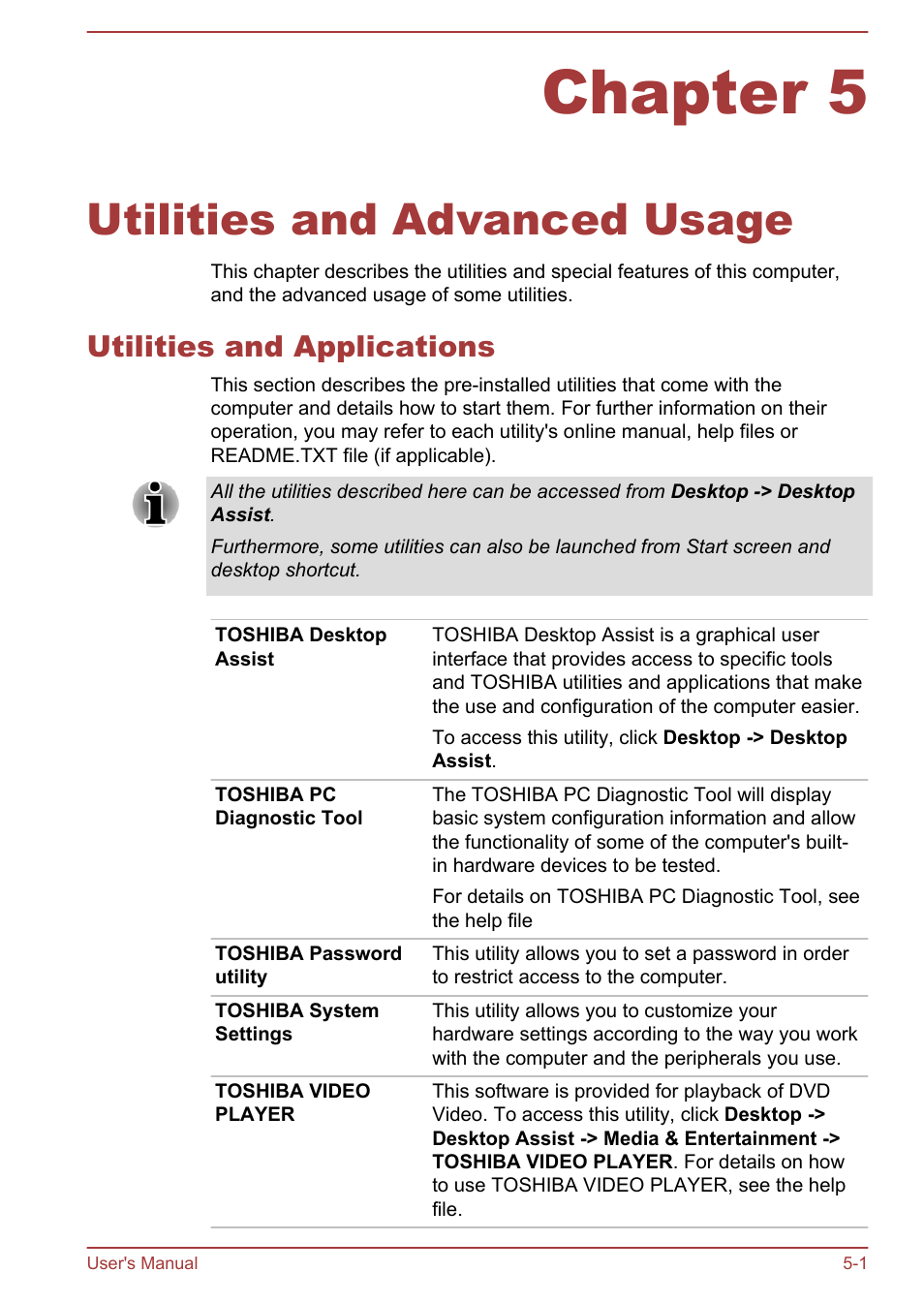 Chapter 5 utilities and advanced usage, Utilities and applications, Chapter 5 | Utilities and advanced usage, Utilities and applications -1 | Toshiba Satellite L855-B User Manual | Page 104 / 144