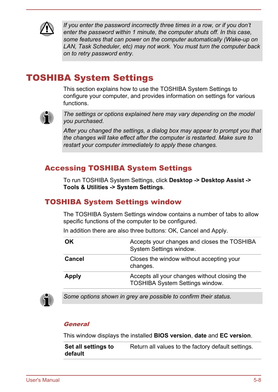 Toshiba system settings, Accessing toshiba system settings, Toshiba system settings window | Toshiba system settings -8, Toshiba, System settings, Section | Toshiba Satellite L855-B User Manual | Page 111 / 144