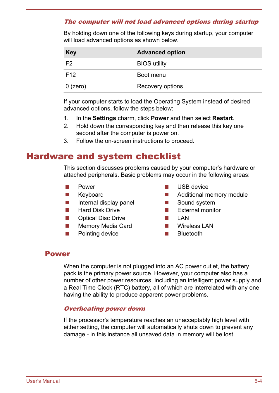 Hardware and system checklist, Power, Hardware and system checklist -4 | Toshiba Satellite L855-B User Manual | Page 126 / 144