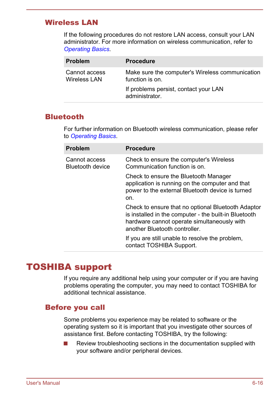 Wireless lan, Bluetooth, Toshiba support | Before you call, Toshiba support -16 | Toshiba Satellite L855-B User Manual | Page 138 / 144