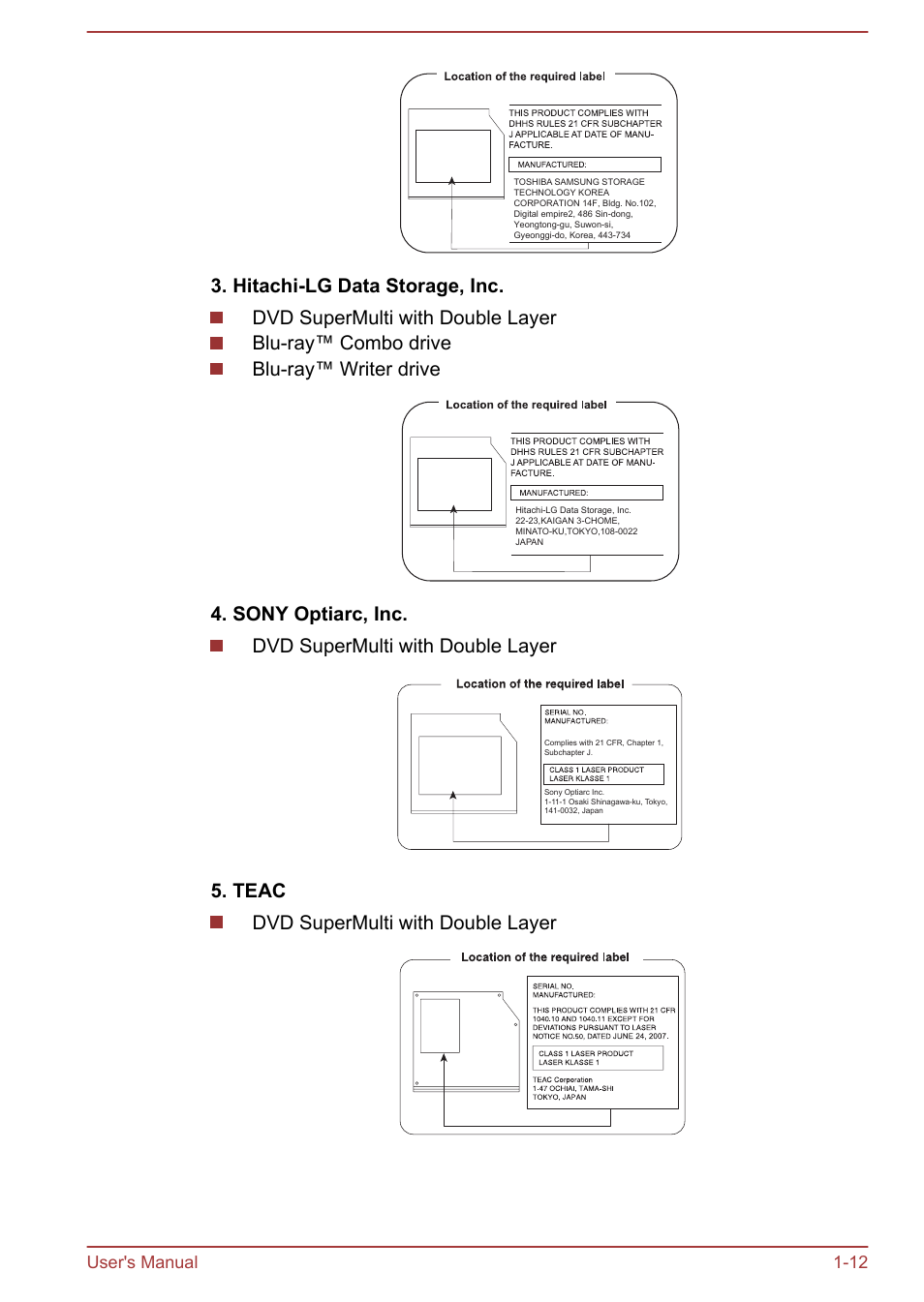 Teac dvd supermulti with double layer, User's manual 1-12 | Toshiba Satellite L855-B User Manual | Page 16 / 144