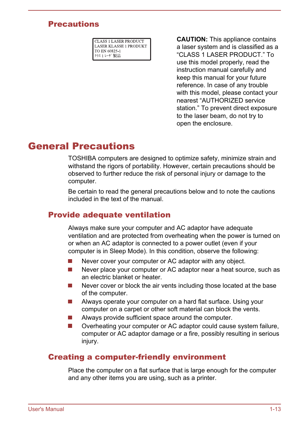 Precautions, General precautions, Provide adequate ventilation | Creating a computer-friendly environment, General precautions -13 | Toshiba Satellite L855-B User Manual | Page 17 / 144