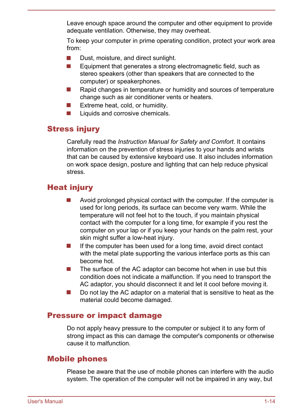 Stress injury, Heat injury, Pressure or impact damage | Mobile phones | Toshiba Satellite L855-B User Manual | Page 18 / 144