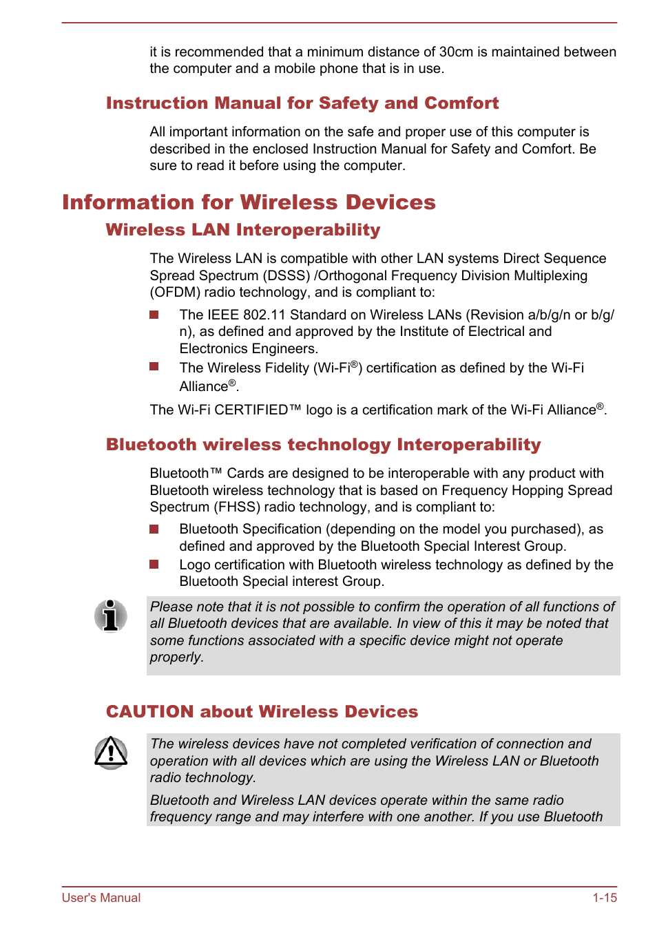 Instruction manual for safety and comfort, Information for wireless devices, Wireless lan interoperability | Bluetooth wireless technology interoperability, Caution about wireless devices, Information for wireless devices -15 | Toshiba Satellite L855-B User Manual | Page 19 / 144