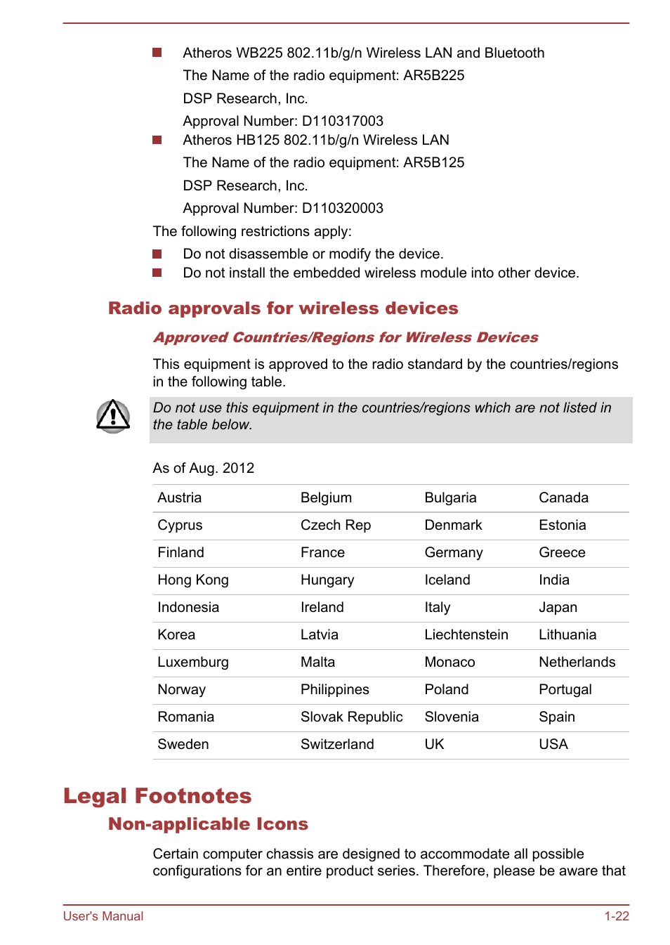 Radio approvals for wireless devices, Legal footnotes, Non-applicable icons | Legal footnotes -22 | Toshiba Satellite L855-B User Manual | Page 26 / 144