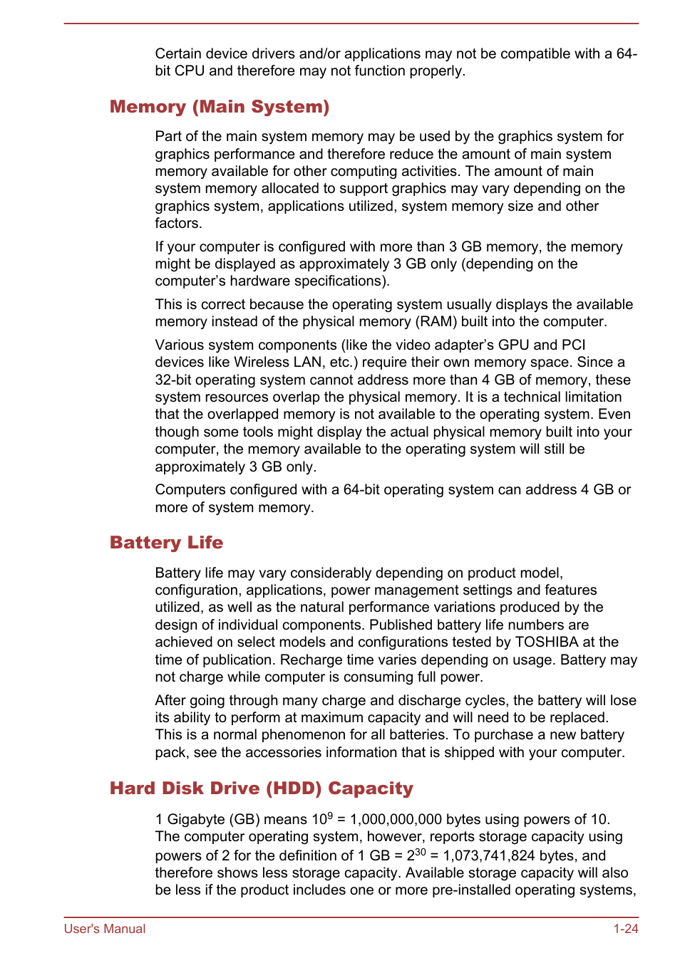 Memory (main system), Battery life, Hard disk drive (hdd) capacity | Toshiba Satellite L855-B User Manual | Page 28 / 144