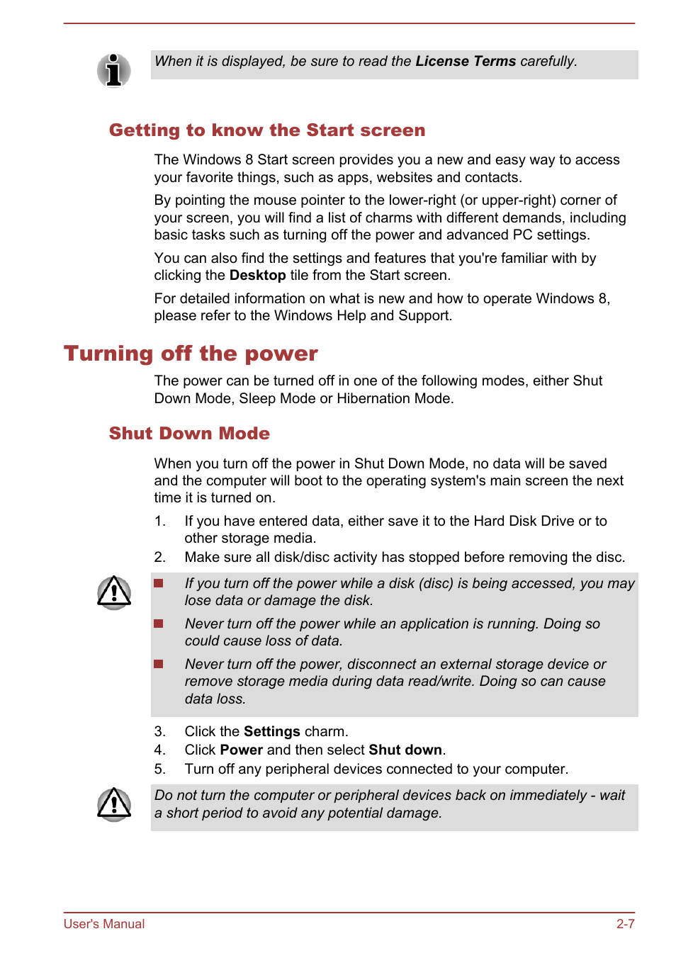 Getting to know the start screen, Turning off the power, Shut down mode | Turning off the power -7 | Toshiba Satellite L855-B User Manual | Page 37 / 144