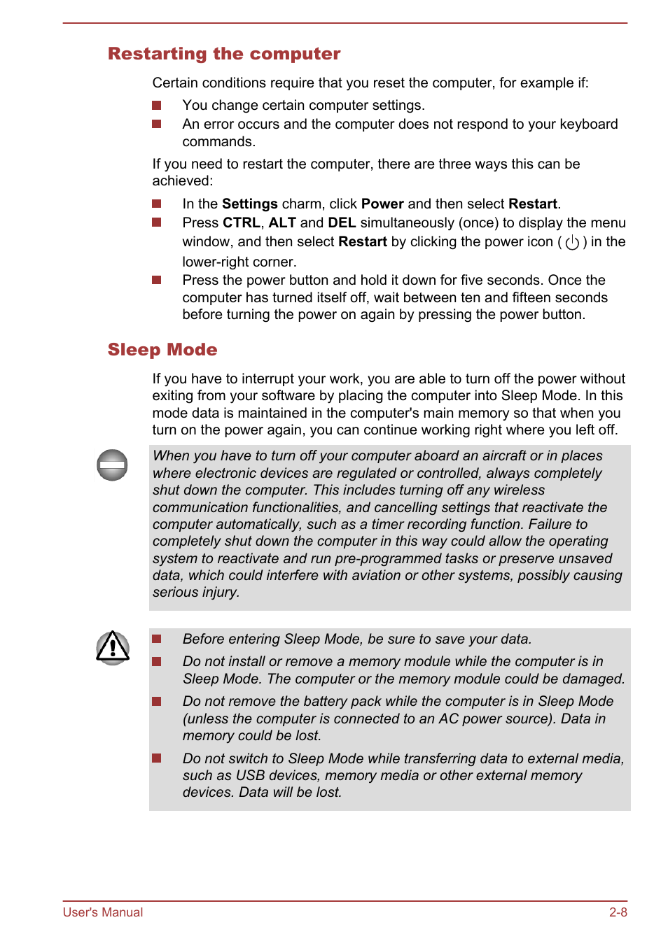 Restarting the computer, Sleep mode | Toshiba Satellite L855-B User Manual | Page 38 / 144