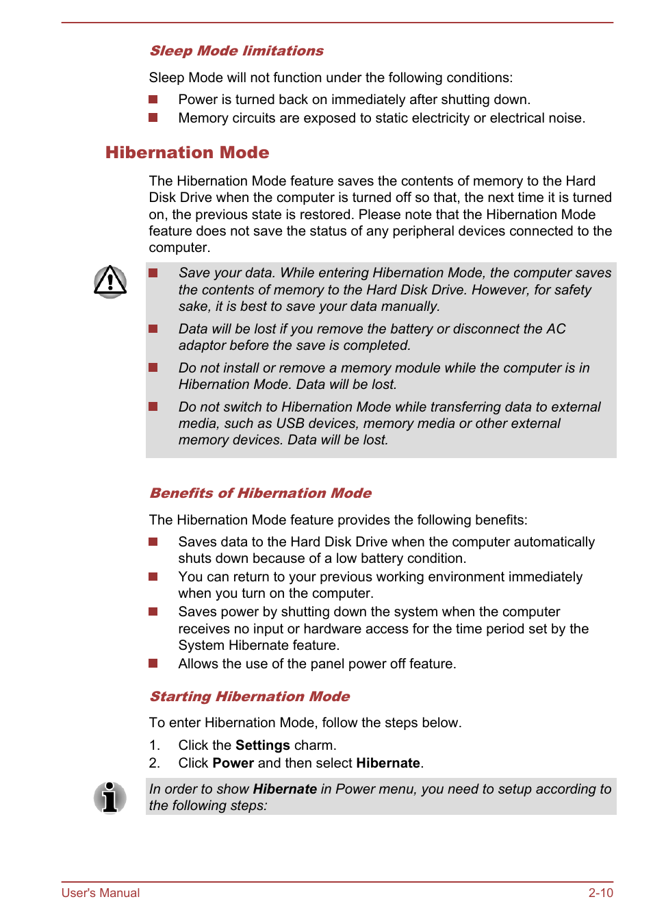 Hibernation mode | Toshiba Satellite L855-B User Manual | Page 40 / 144